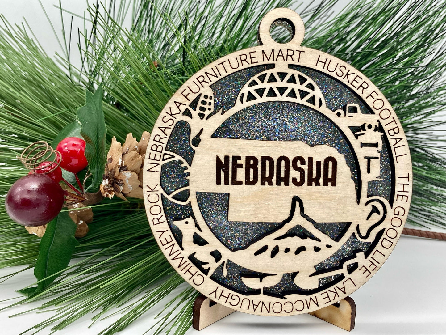 Nebraska State Wooden Christmas Ornament
