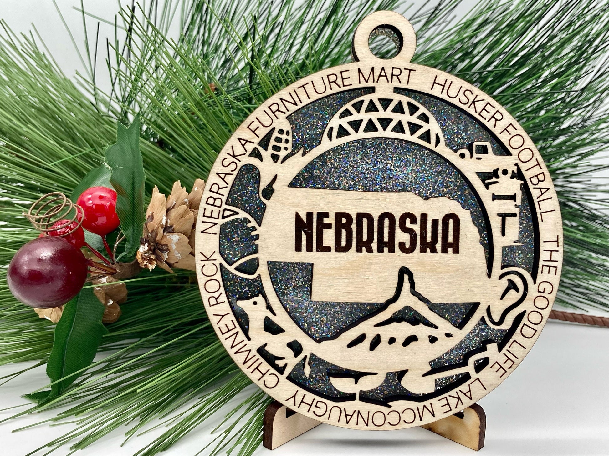Nebraska State Wooden Christmas Ornament