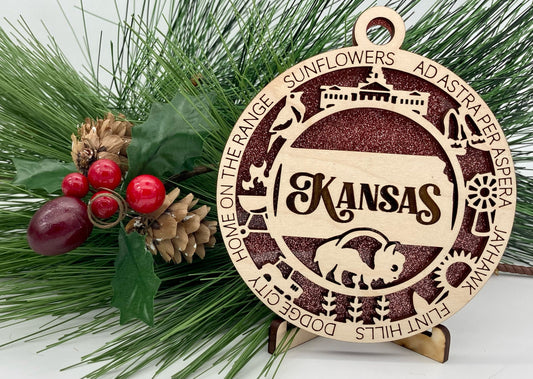 Kansas State Wooden Christmas Ornament