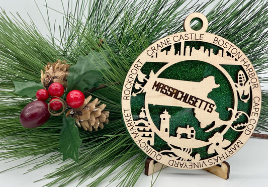 Massachusetts State Wooden Christmas Ornament