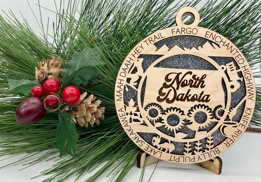 North Dakota State Wooden Christmas Ornament