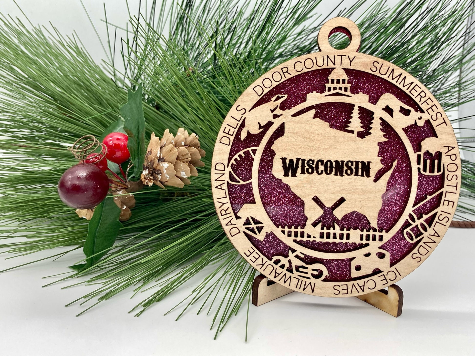 Wisconsin State Wooden Christmas Ornament