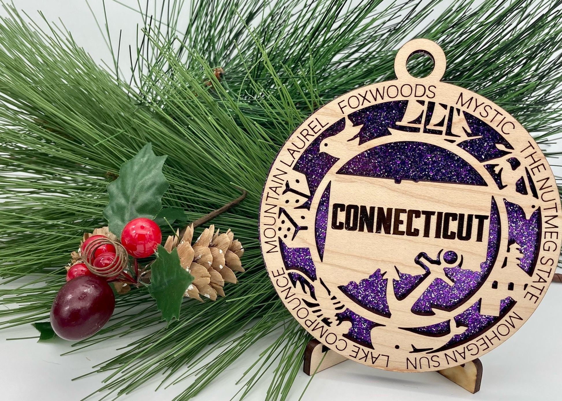 Connecticut State Wooden Christmas Ornament