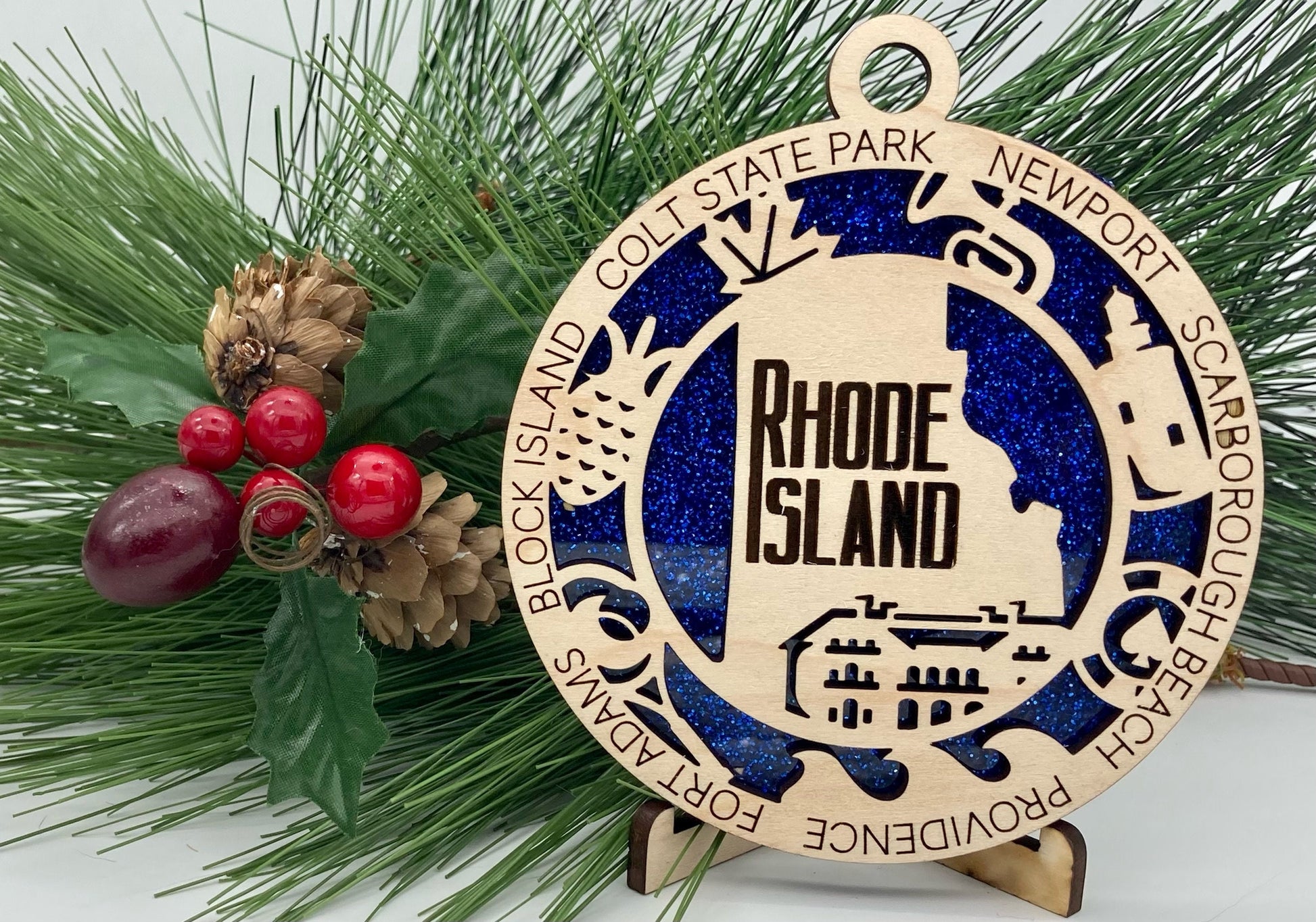 Rhode Island State Wooden Christmas Ornament