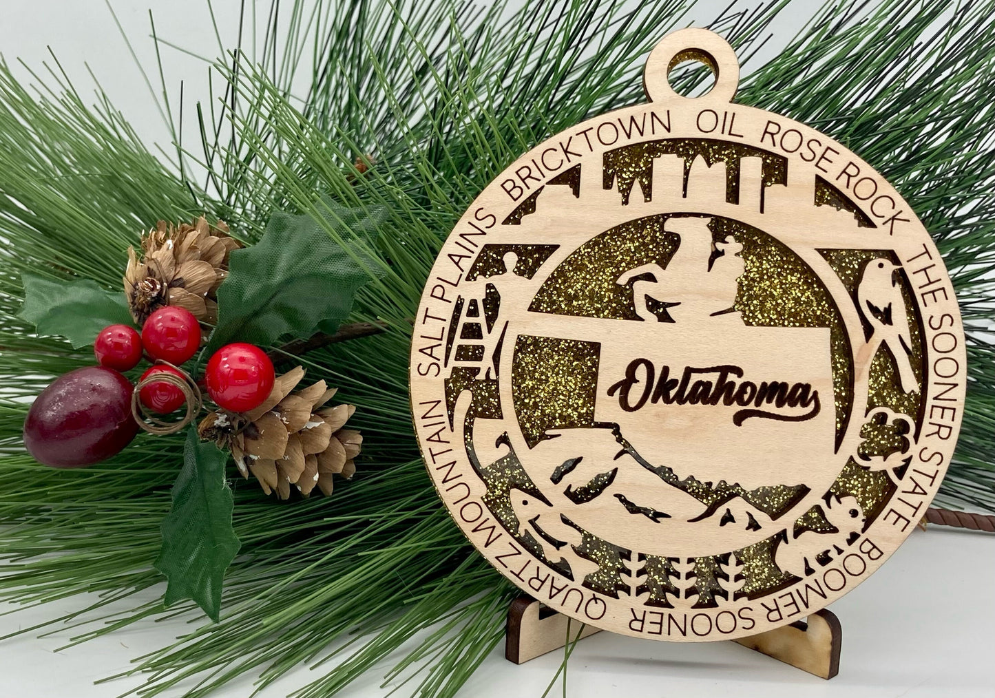 Oklahoma State Wooden Christmas Ornament