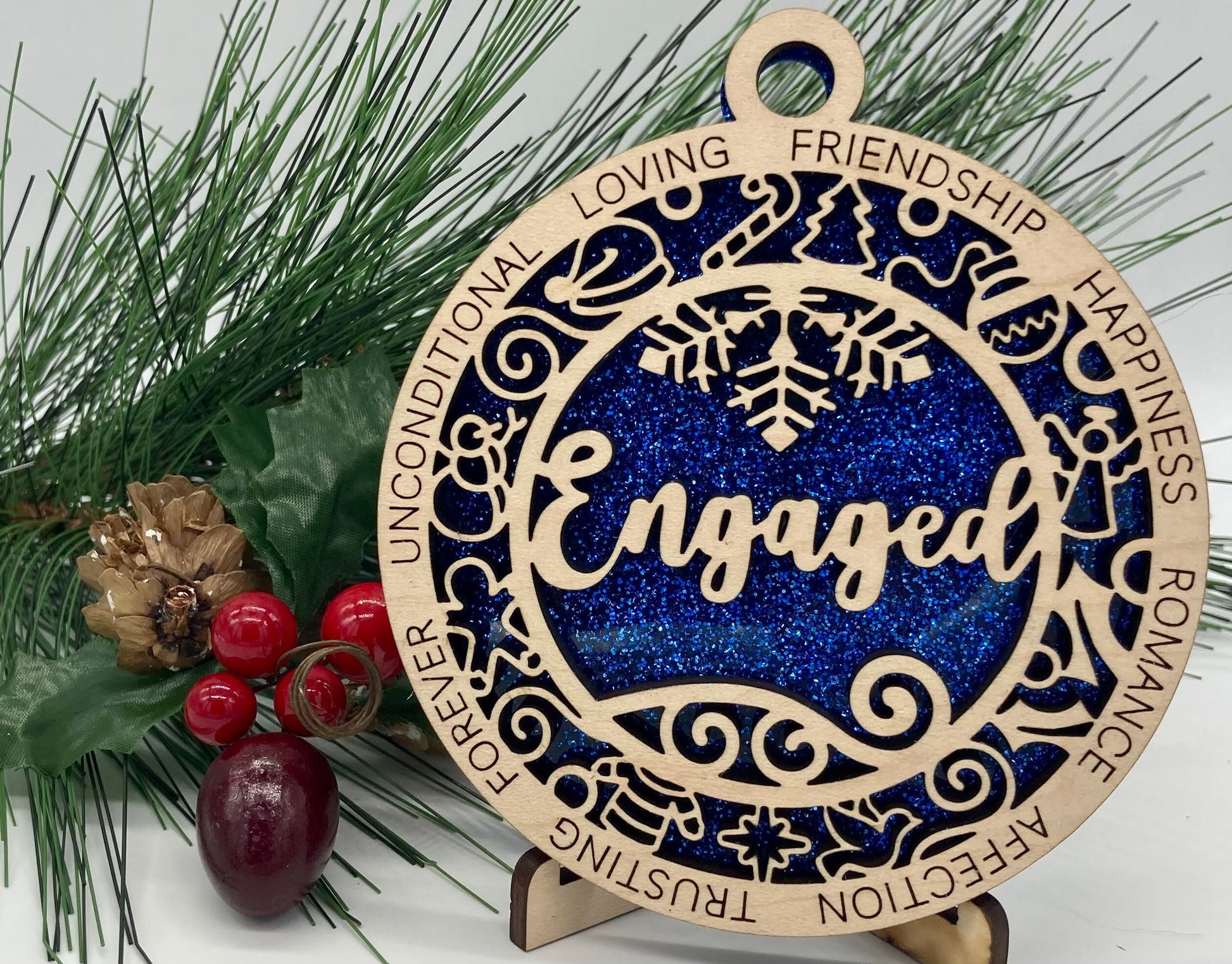 Engaged Wooden Christmas Ornament CUSTOMIZABLE