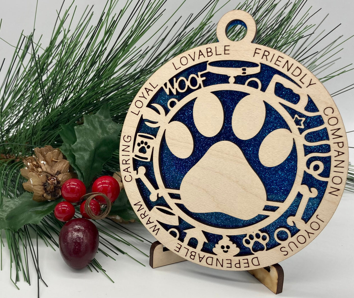 Dog Paw Print Wooden Christmas Ornament CUSTOMIZABLE
