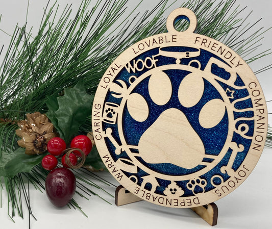 Dog Paw Print Wooden Christmas Ornament CUSTOMIZABLE