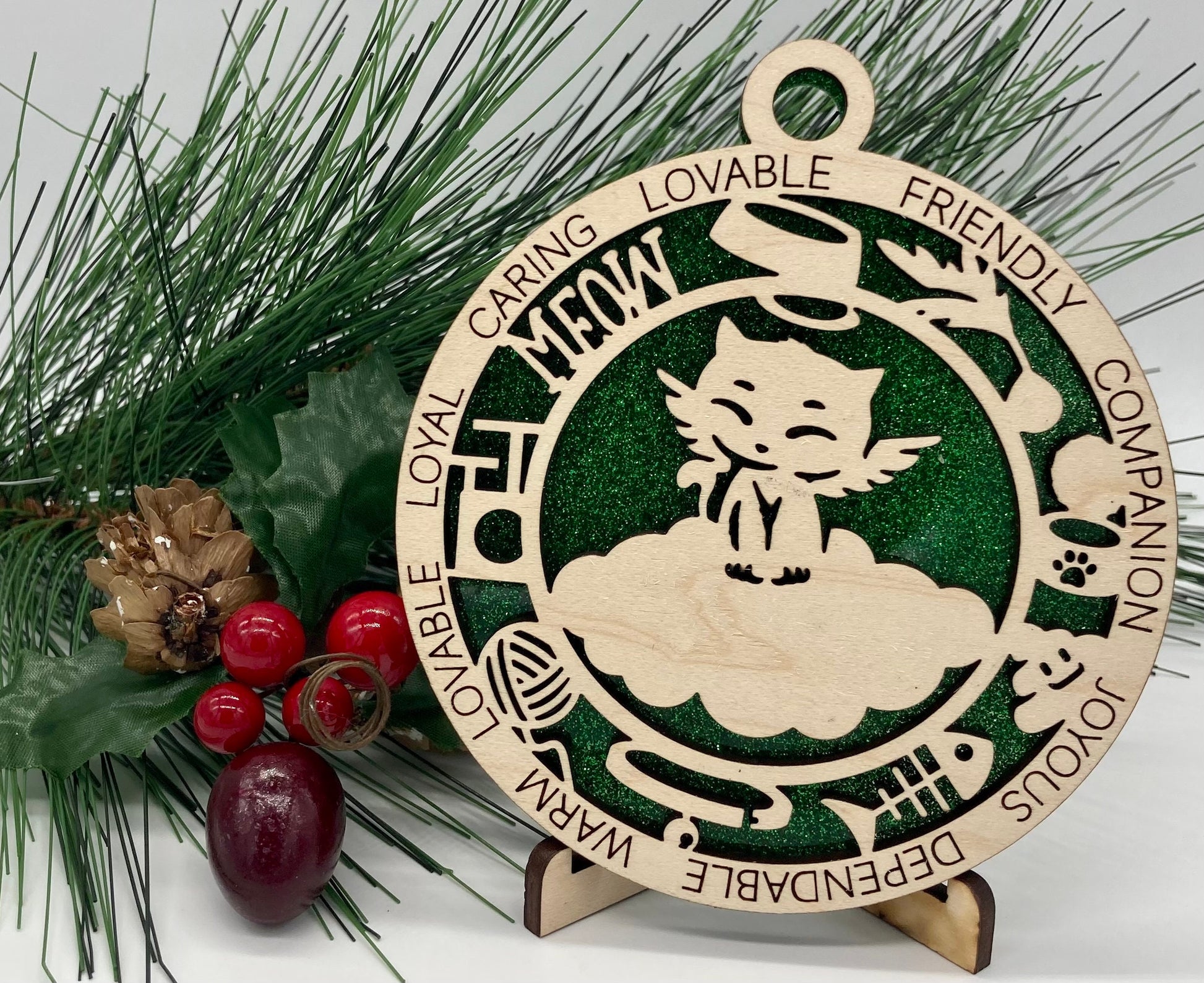 Angel Cat Wooden Christmas Ornament