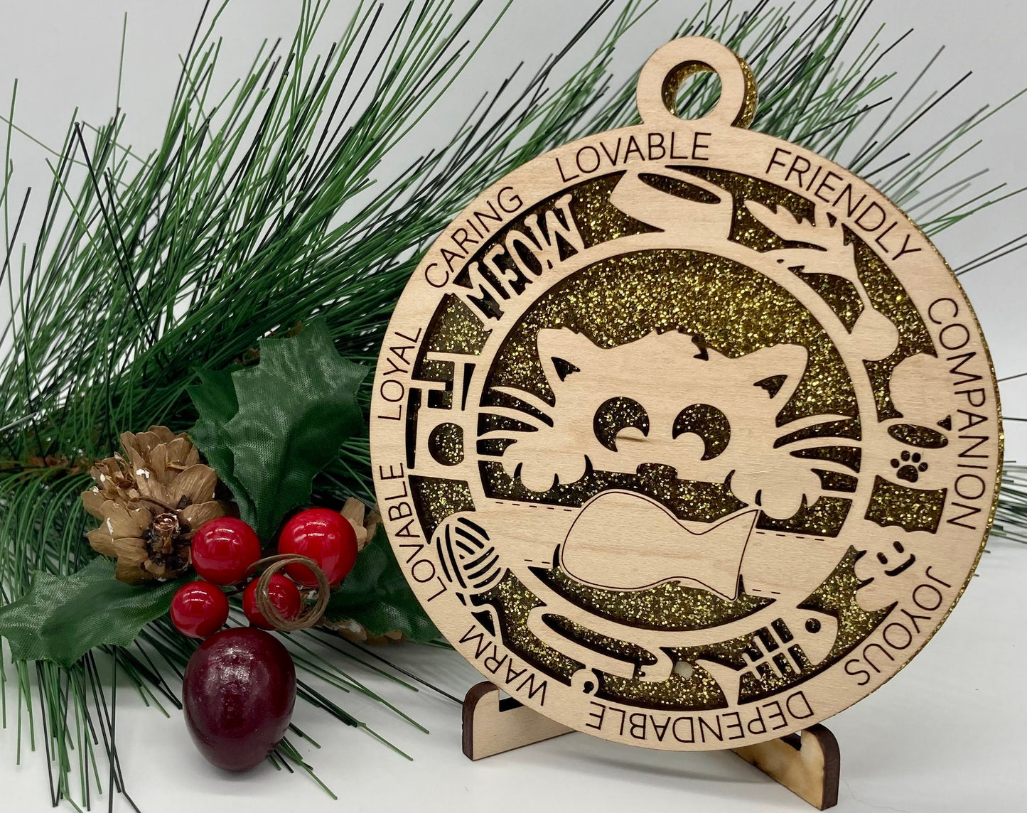 Cat & Fish Wooden Christmas Ornament CUSTOMIZABLE