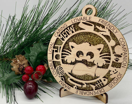 Cat & Fish Wooden Christmas Ornament CUSTOMIZABLE