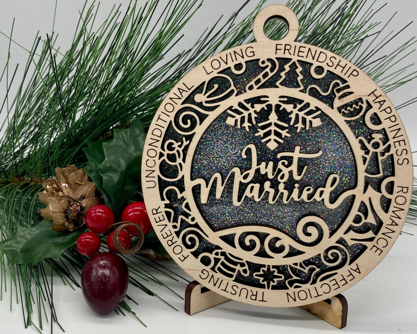 Just Married Wooden Christmas Ornament CUSTOMIZABLE
