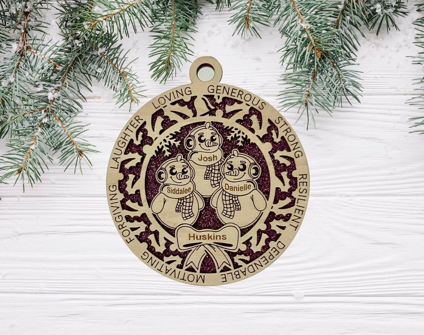Snow Family Wooden Christmas Ornaments CUSTOMIZABLE Up to 6 Members