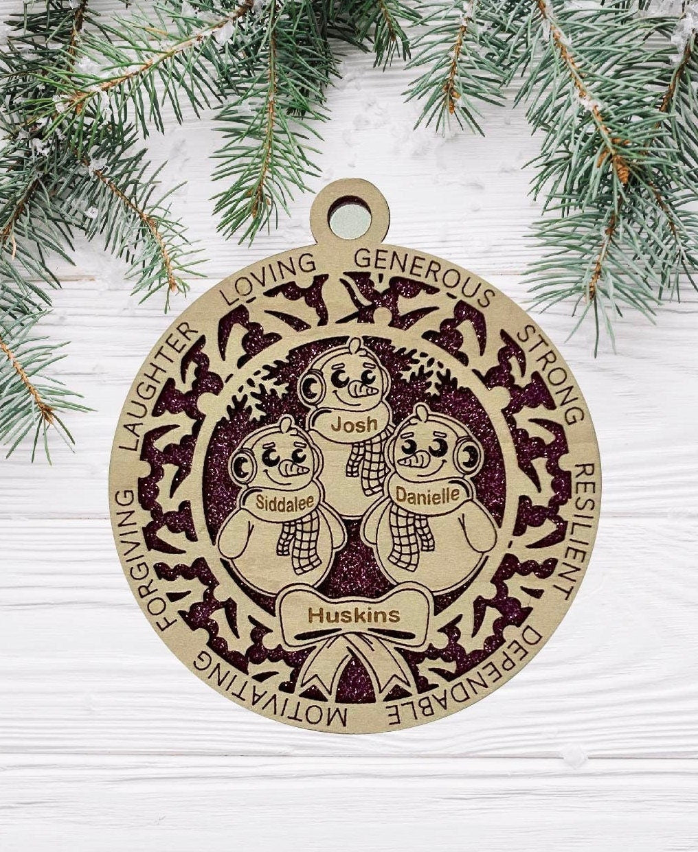 Snow Family Wooden Christmas Ornaments CUSTOMIZABLE Up to 6 Members