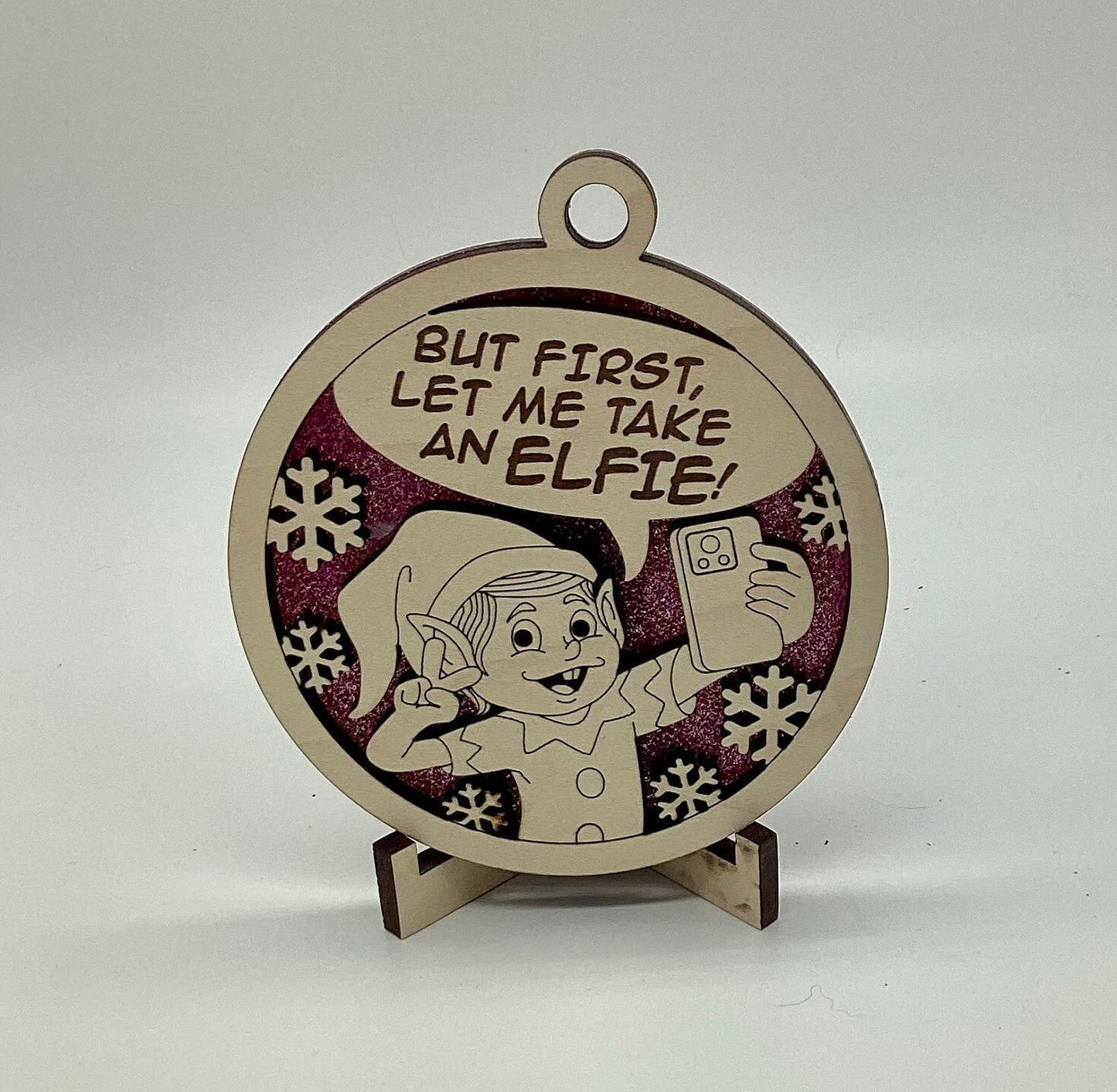 Selfie "Elfie" Wooden Pun Christmas Ornament