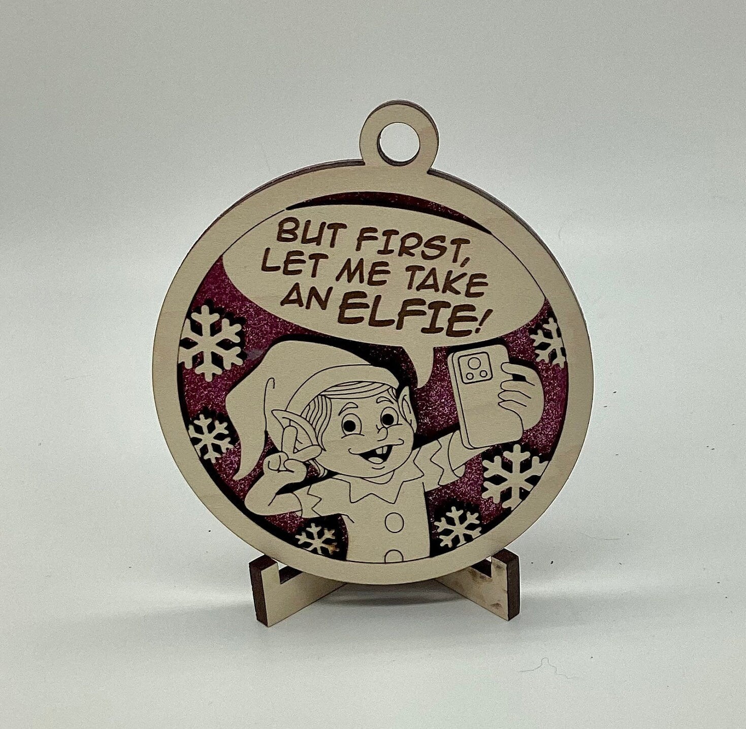 Selfie "Elfie" Wooden Pun Christmas Ornament