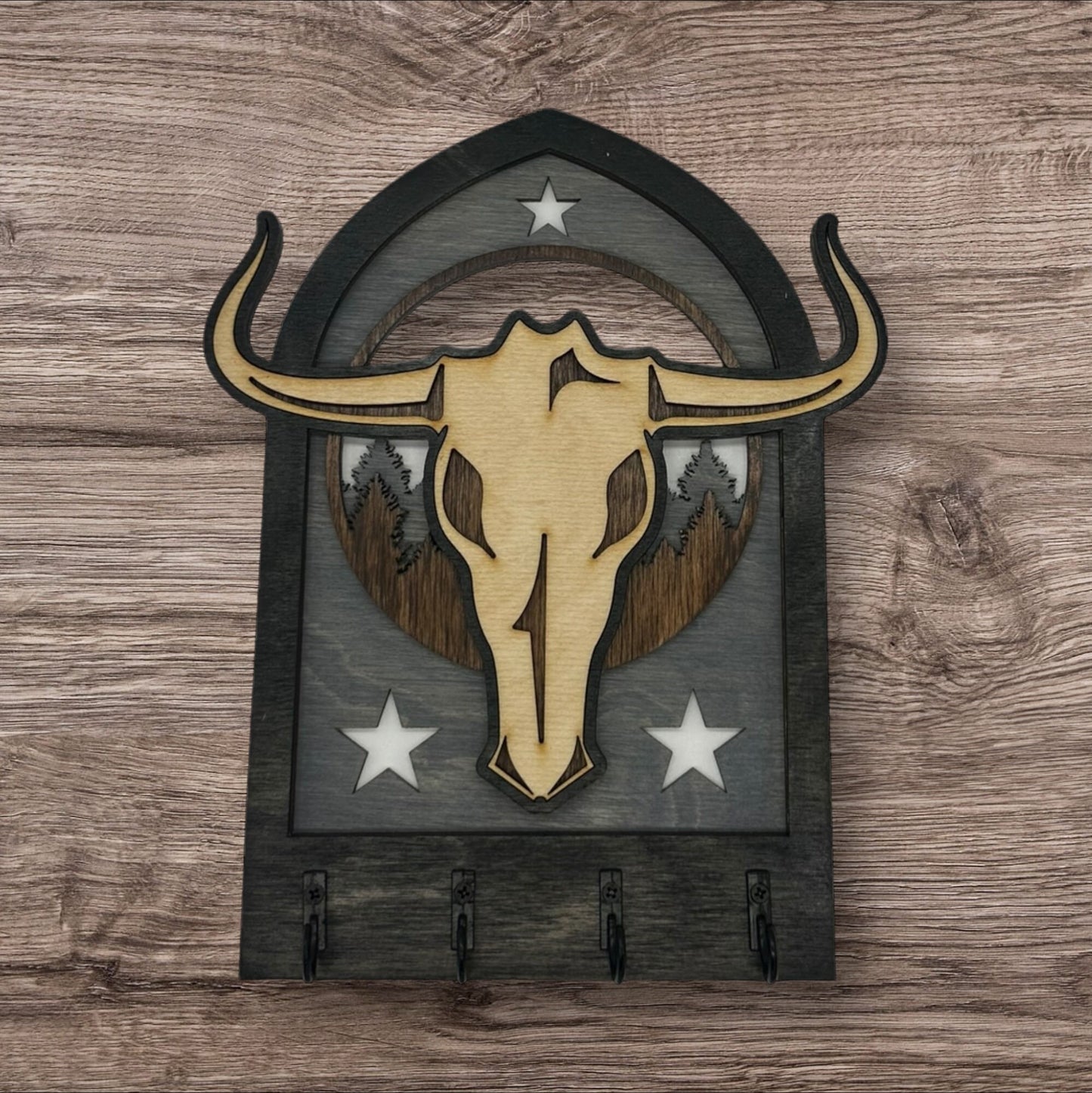 Bull Skull Four Hook Arch Key Hanger/ Organizer