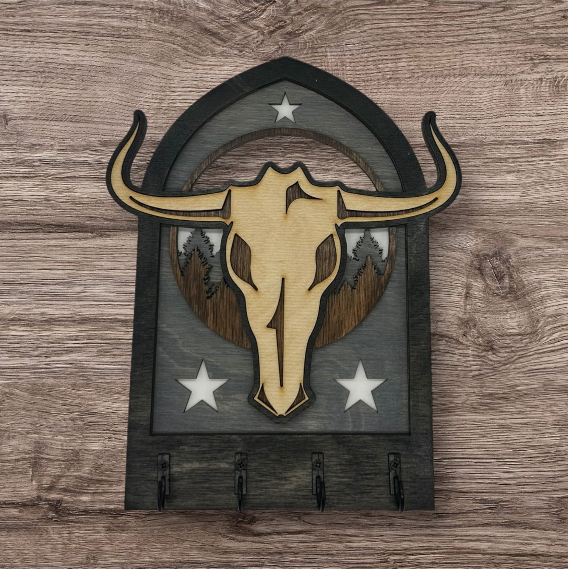 Bull Skull Four Hook Arch Key Hanger/ Organizer