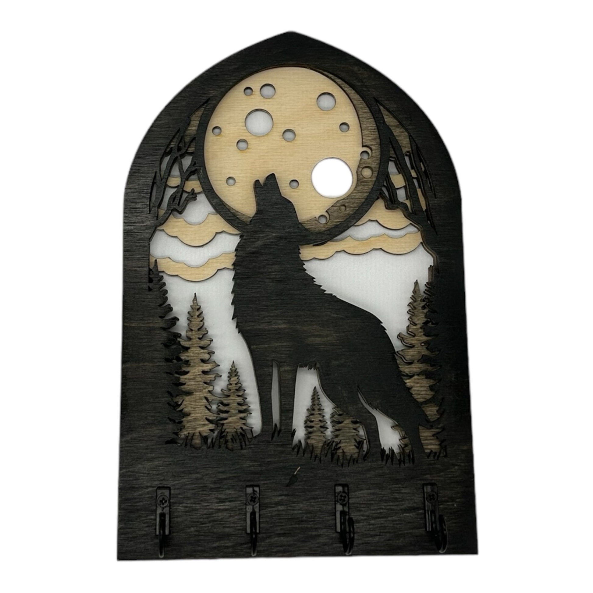 Wold Howling at Moon Four Hook Arch Key Hanger/ Organizer